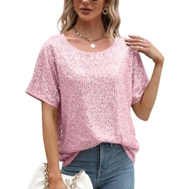 Imagem de SUCOLAN Blusas femininas de lantejoulas modernas com glitter, gola redonda, camisetas brilhantes para encontros em clubes de festas, Rosa dourado rosa, M