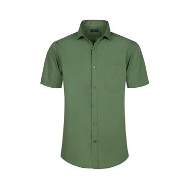 Imagem de Double Pump Camisas sociais masculinas de manga curta com ajuste regular, camisas casuais de negócios sólidas, Verde militar 329, G