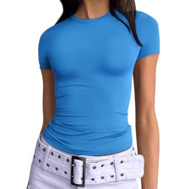 Imagem de Trendy Queen Camisetas femininas básicas de gola redonda, manga curta, tops bonitos de verão, camisetas justas, roupas Y2k 2024, Azul, X-Small