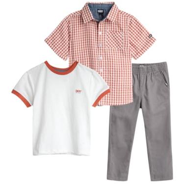 Imagem de DKNY Conjunto de calças para meninos - 3 peças de manga curta com botão, camiseta, calça de sarja com frente plana - conjunto de roupas para meninos (2-7), Laranja queimada, 2T