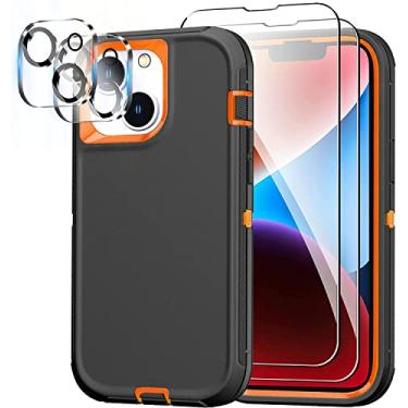 Imagem de Capa projetada para iPhone 14 com 2 protetores de tela de vidro temperado e protetor de câmera, capa resistente à prova de choque de grau militar para iPhone 14 de 6,1 polegadas (preto laranja)