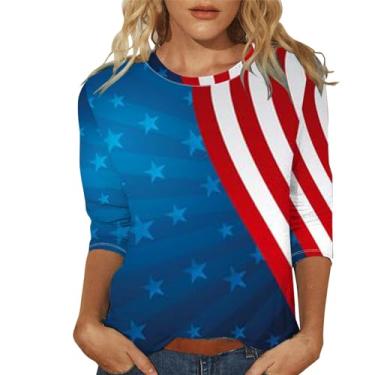 Imagem de Camisetas femininas 4th of July Flag American Flag Star Stripes 3/4 Sleeve Fourth of July Shirts Going Out Tops 2024, C - Azul escuro, G