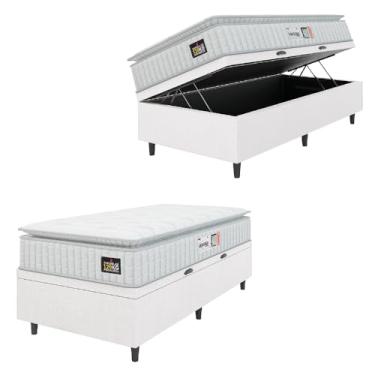 Imagem de Cama Box Baú Colchão Solteiro Espuma D33 Vangogh Pillow Top 88x188x70cm Linho Branco Hellen - Suporta até 120kg por Pessoa