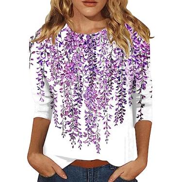 Imagem de Blusas femininas de outono manga 3/4 blusa floral étnica de verão lindas camisetas básicas estampadas camisetas para sair 2024, Roxa, P