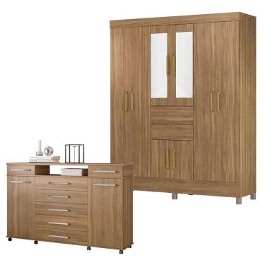 Imagem de Cômoda London e Guarda Roupa Casal Munique Amêndola Touch com Espelho - Demóbile