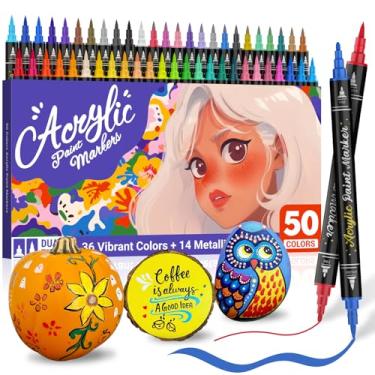 Imagem de Marcadores de tinta acrílica para pintura de pedras: canetas de tinta acrílica de 50 cores com pincel e ponta fina para madeira, rocha, abóbora, tecido, tela de plástico, papel de vidro, artesanato