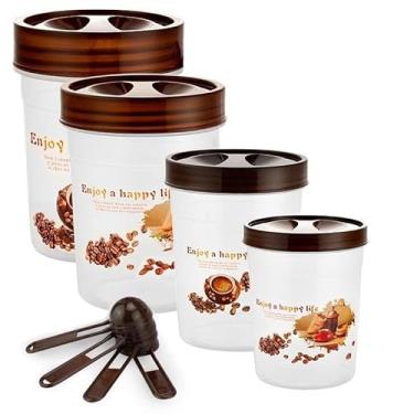 Imagem de Conjunto Kit Jogo Potes Plástico Cozinha Redondo Com Tampa Rosca Com Colher 8 Peças Linha Premium M5 Armarinhos