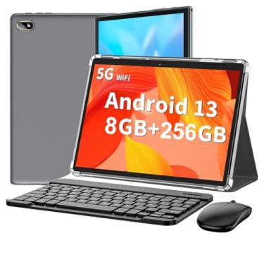 Imagem de Tablet de 10,1 Polegadas com Caso, Teclado e Mouse, Tablet Android 13, 8GB +256GB, Processador de 8 Núcleos, WiFi, Bluetooth, 6500mAh (Cinza)