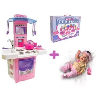 Imagem de Kit Boneca Reborn Menina Olhos Azuis + Cozinha e Jantarzinho - Big Sta