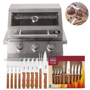 Imagem de Churrasqueira Embutir 3 Queimadores + Kit Churrasco 10 Peças - Mimo St