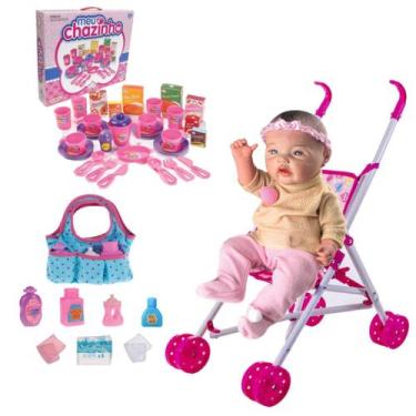 Imagem de Kit Boneca Reborn com Acessórios p/ Brincar de Faz de Conta - Milk Bri