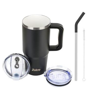 Imagem de Zukro Copo forrado de cerâmica de 680 g com alça e canudo, sem sabor de metal, caneca de café de aço inoxidável isolada com tampas à prova de derramamento para casa/escritório, sem suor, mantém as