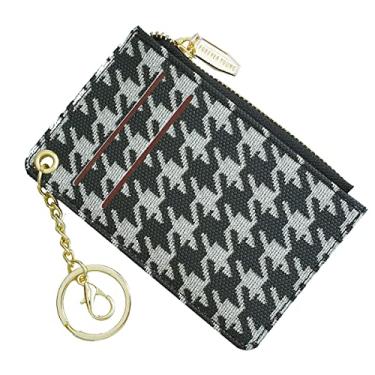 Imagem de Carteira pequena feminina de couro fina com porta-cartões e porta-moedas com chaveiro, Xadrez, P