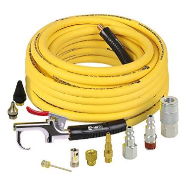 Imagem de WYNNsky Kit de acessórios de compressor de ar, mangueira de ar híbrida de 1,9 cm x 1,5 m com conexão de latão NPT macho de 1/4 polegada, resistente a dobras, 3 peças de acessórios de ar industriais, pistola de ar com 6 bocais