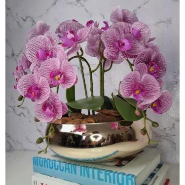 Imagem de Arranjo Com 4 Orquídeas Violeta Vaso Dourado 28cm - FLORESCER DECOR