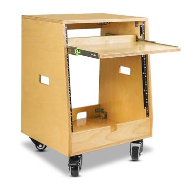 Imagem de Sound Town Rack de estúdio inclinado 10U DIY (2U superior + 8U inferior), com armazenamento inferior 2U, bandeja deslizante, rodízio, madeira compensada, carvalho dourado para sala de gravação