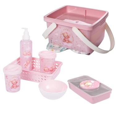 Imagem de Kit Higiene Infantil 7 Peças Porta Fraldas Porta Lenço Umedecido Bebê Limpeza (Rosa Ursa)