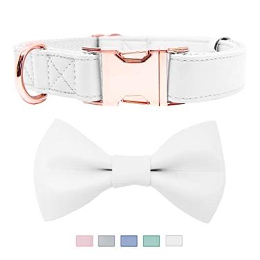 Imagem de Coleira de couro macio para cães - Coleira de gravata borboleta fofa ajustável [fácil de limpar] com fivela de metal resistente em ouro rosa elegante para cães pequenos, médios e grandes, branca, P