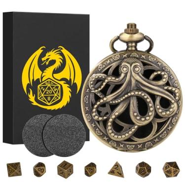 Imagem de Mini DND Dice Set Steampunk Hollow Octopus Pocket Watch Shell Case, 7pcs Polyhedral Metal D&D Dice Set, Dungeons and Dragons Gifts with Gift Box, Role Playing Board Games Accessories, Dark Silver