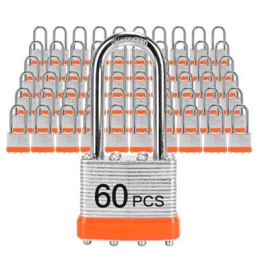 Imagem de Cadeados com a mesma chave, LQYN 60 peças de cadeado laminado com chave (1-9/16 polegadas, 40 mm), fechaduras semelhantes com chave, manilha longa, para armário de armazenamento, trava de ferrolho,