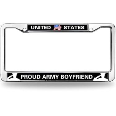 Imagem de Moldura de placa de licença de aço inoxidável Proud Army Boyfriend com 2 furos, Proud US Army Polish White Stainless Steel License Plate Frame with Screw Caps Sets