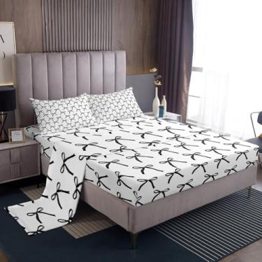 Imagem de Jogo de lençol Queen com laço de desenho animado geométrico, patchwork geométrico, decoração de quarto de meninas e mulheres, nó de borboleta com laço preto e branco, jogo de cama simples, 4 peças
