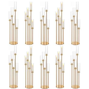 Imagem de Candelabro de mesa de centro de mesa dourado de 108 cm para mesas, castiçais, decoração de mesa de centro de mesa, 5 braços, conjunto de 10 abajures de acrílico, serve para vela LED de 2,3 cm