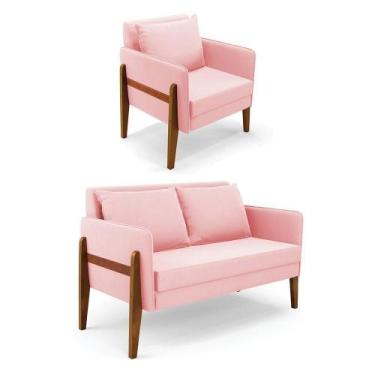 Imagem de Kit 1 Sofá Namoradeira E 1 Poltrona Lana Suede Rosa Bebê Base De Madei
