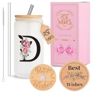 Imagem de HWJH Copo de vidro inicial personalizado para mulheres - copo de vidro à prova de vazamento de 473 ml com tampa e canudos, conjunto de presente monogramado, copo reutilizável fosco fosco para café,