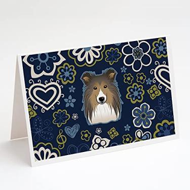 Imagem de Caroline's Treasures BB5093GCA7P Cartões comemorativos Sheltie e envelopes com flores azuis, pacote com 8, 7 x 5, multicolorido