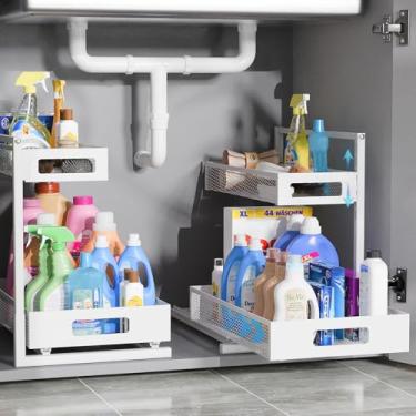 Imagem de Tistaya Organizadores sob a pia e armazenamento com gaveta deslizante, organizador sob a pia do banheiro com 5 alturas ajustáveis, armazenamento sob a pia de metal para despensa de armário de banheiro