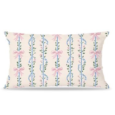 Imagem de FITIE Capas de almofada lombar floral com laço de coquete rosa 30,5 x 50,8 cm, decoração de quarto infantil, fronhas bege preppy para quarto de meninas, dormitório, apartamento