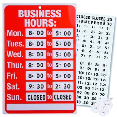Imagem de Conjunto de sinais de horário comercial aberto fechado: placas de horário de escritório e horas de operação para negócios - relógio de retorno, ventosas para janela de porta - restaurantes, bares,