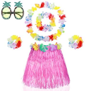 Imagem de Abeillo Pacote com 6 saias havaianas de grama para meninas, saia de dança de hula lindos óculos havaianos Hula acessório de fantasia de festa de verão para meninas