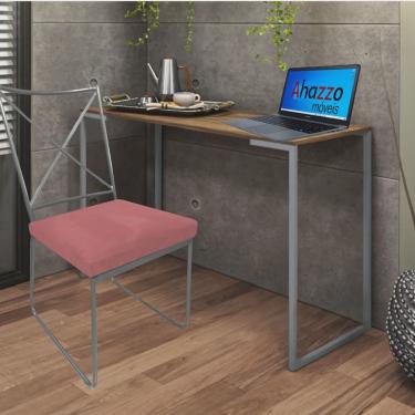 Imagem de Kit Escritório Clark Cadeira e Mesa Industrial Ferro Cinza Tampo mdf Rústico Suede Rose Gold - Ahz Móveis