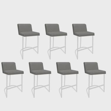 Imagem de Kit 07 Banquetas Com Encosto Noah Luxo Confort Bistrô Cozinha Ferro Branco Linho Cinza - Ahz Móveis