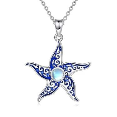 Imagem de Colar de estrela do mar azul – joia feita à mão com pedra da lua e oceano, colar de casamento de praia estilo sereia para mulheres, presente de aniversário exclusivo para amantes do mar com caixa de