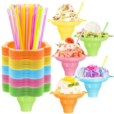 Imagem de Qyyiguf 200 peças de copos coloridos de cone de neve com canudos de colher, copo de sorvete de plástico em forma de flor de 118 ml, tigelas de lanche reutilizáveis para o verão, aniversário, festa