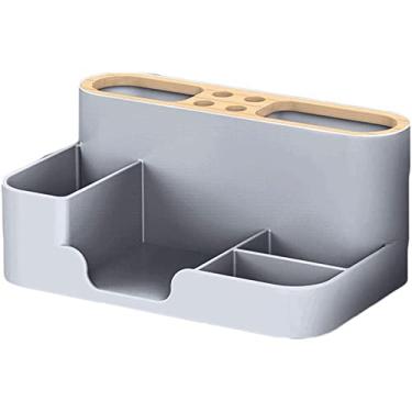 Imagem de Porta-lápis de mesa multifuncional, suporte de pincel de maquiagem de grande capacidade, suporte criativo de armazenamento de canetas para escritório, sala de aula, casa papelaria (cinza)