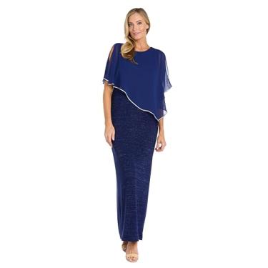 Imagem de R&M Richards Vestido longo listrado metálico com poncho de chiffon com acabamento em strass, Royal, 40