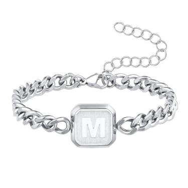 Imagem de Pulseira inicial ouro/prata/preto Squre A-Z Letra cubana corrente de elos masculinos tamanho ajustável aço inoxidável joias presentes para marido pai irmão filho, Initial M, Aço inoxidável, Sem Pedra