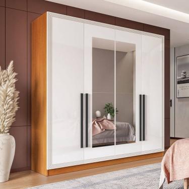 Imagem de Guarda-Roupa Casal Valência 4 Portas 4 Gavetas com Espelho Freijó/Branco - Politorno