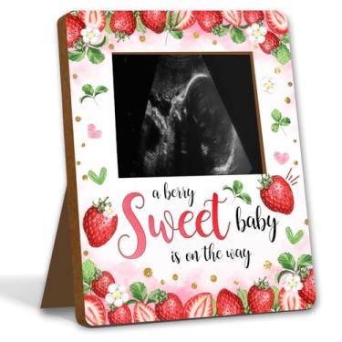 Imagem de ALodr Decorações de chá de bebê de morango, moldura de sinal de chá de bebê, decoração de festa doce de frutas silvestres para revelação de gênero, lembrança de marco de gravidez, molduras para fotos