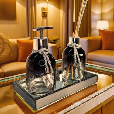 Imagem de Kit Lavabo Preto Decoração Bandeja Completo De Vidro Luxo Difusor Sabo
