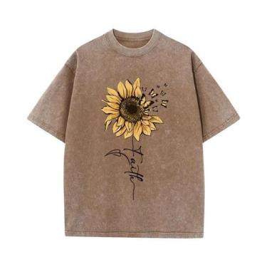 Imagem de Camiseta Oversized Feminina Vintage - Estampa de Girassol e Borboleta 