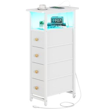 Imagem de Yoobure Mesa de cabeceira com estação de carregamento, mesa de cabeceira fina alta de LED, cômoda pequena, armário de armazenamento de mesa de cabeceira, mesa lateral estreita, quarto para espaços