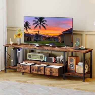 Imagem de YGEOMER Suporte de TV para centro de entretenimento de TV de 75 polegadas com tomadas elétricas, mesa de console de TV aprofundada com gavetas de tecido, prateleiras de armazenamento com moldura de