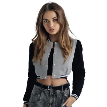 Imagem de Jaqueta Cropped Colegial Moletom Feminina Sem Bolso - Calttony, Cinza,