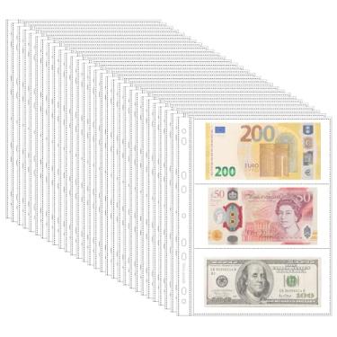 Imagem de 150 bolsos de páginas de cédulas de arquivo – 50 folhas protetoras de moeda sem ácido para notas, selos, cupons IN02050 (transparente, 50 folhas (3 bolsos/lençol))