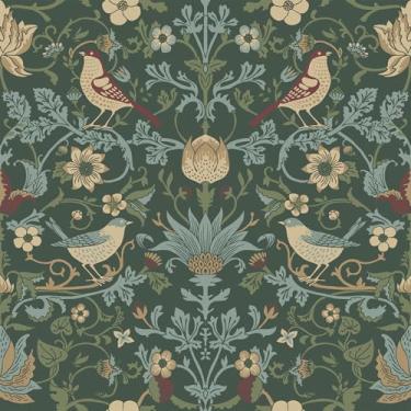 Imagem de Skyblur Papel de parede floral retrô verde floresta descasque e cole papel de contato verde escuro vintage para armários e gavetas linhas de prateleira, papel de parede autoadesivo para quarto